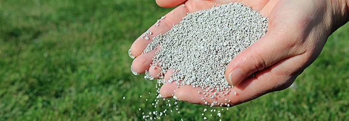 Hände streuen Dünger auf Rasen